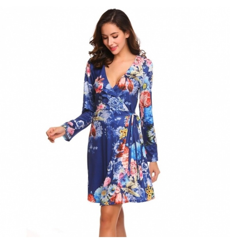 Women Surplice Wrap Split V Neck Long Sleeve Lace Up Floral Print A-Line Dress