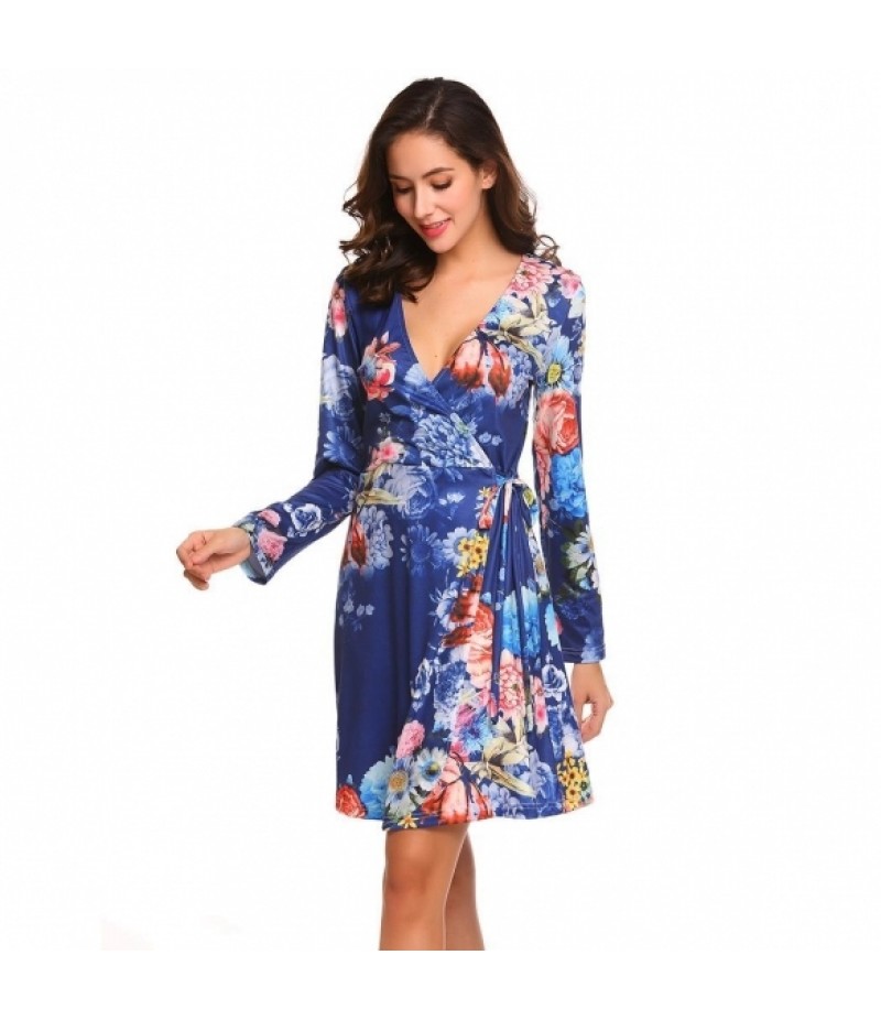 Women Surplice Wrap Split V Neck Long Sleeve Lace Up Floral Print A-Line Dress