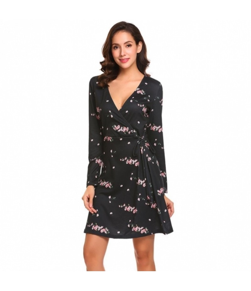 Women Surplice Wrap Split V Neck Long Sleeve Lace Up Floral Print A-Line Dress