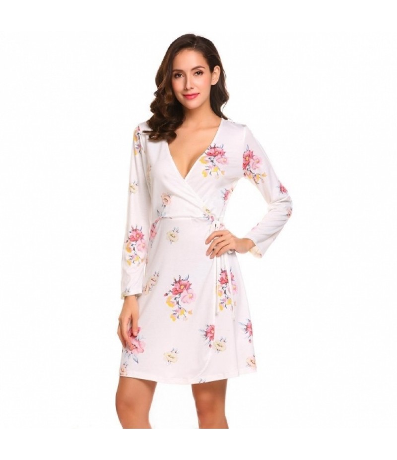 Women Surplice Wrap Split V Neck Long Sleeve Lace Up Floral Print A-Line Dress