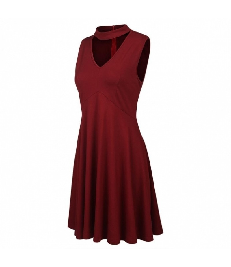 Women Chocker Deep V-Neck French Vintage Style Cotton Midi Tank Dress