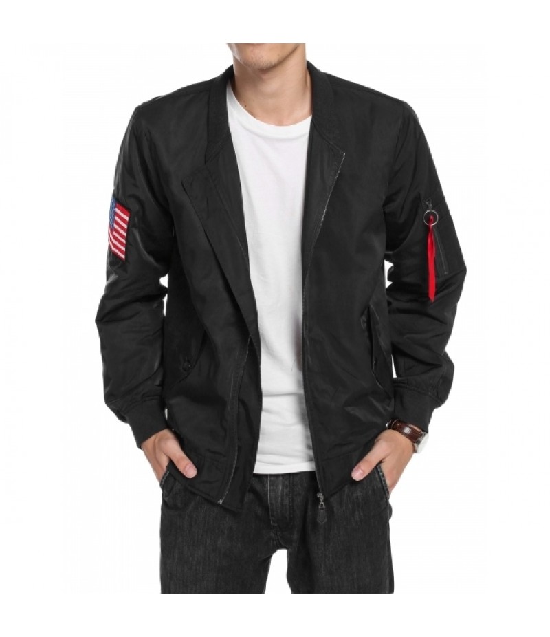 MenLong Sleeve Zip Up Bomber Jacket with Pockets Patch