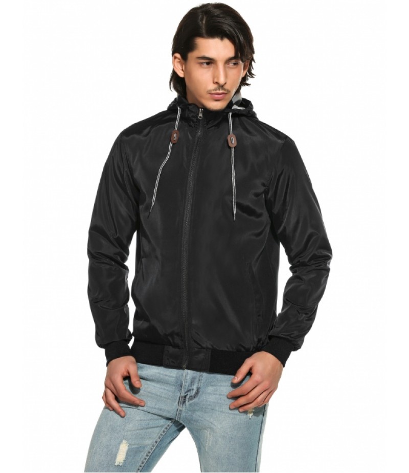 Men's Casual Long Sleeve Solid Zip-up Hooded Jacket Outerwear