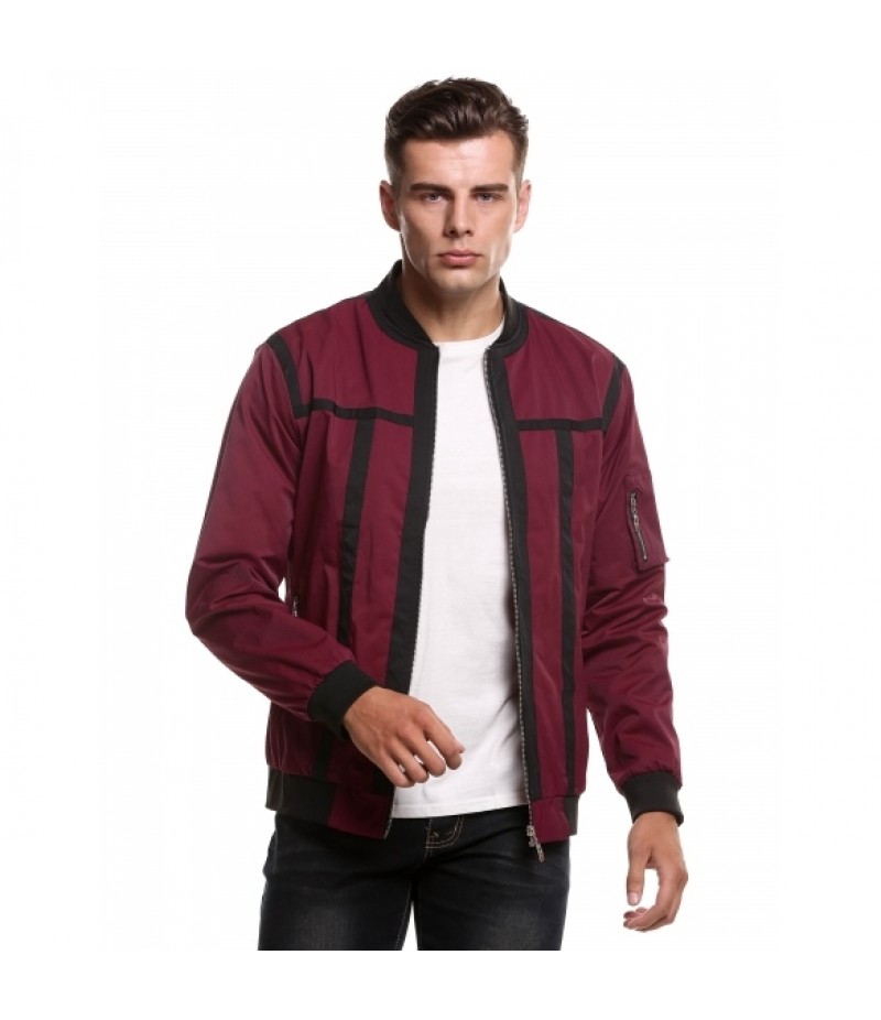 Men's Stand Neck Zip Up Contrast Color Patchwork Slim Fit Bomber Jacket