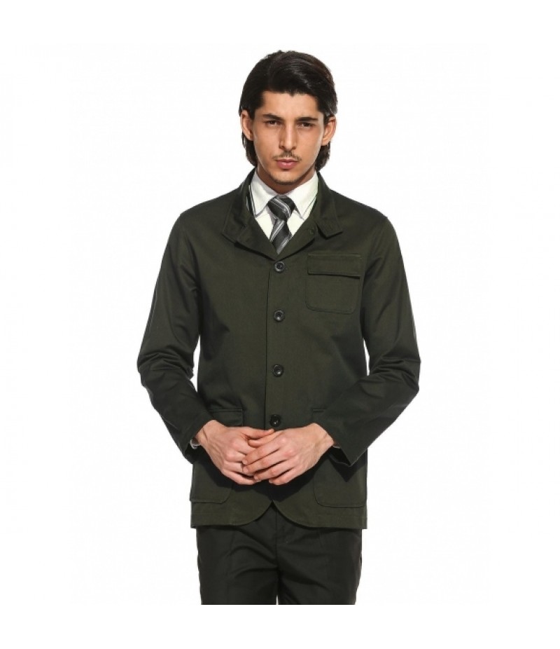 Men Casual Cotton Stand Collar Button Down Solid Military Jacket