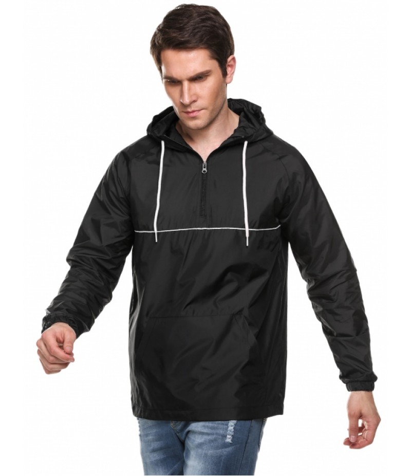 Sports Hooded Long Sleeve Contrast Color Patchwork Windbreaker Pullover Jacket