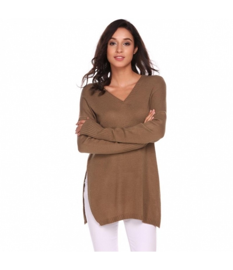 Long Sleeve V Neck Solid Split Loose Kint Pullover Sweaters