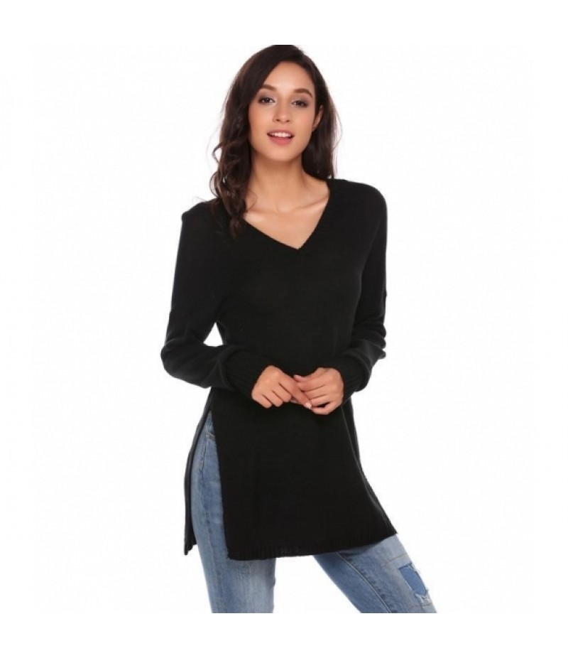 Long Sleeve V Neck Solid Split Loose Kint Pullover Sweaters