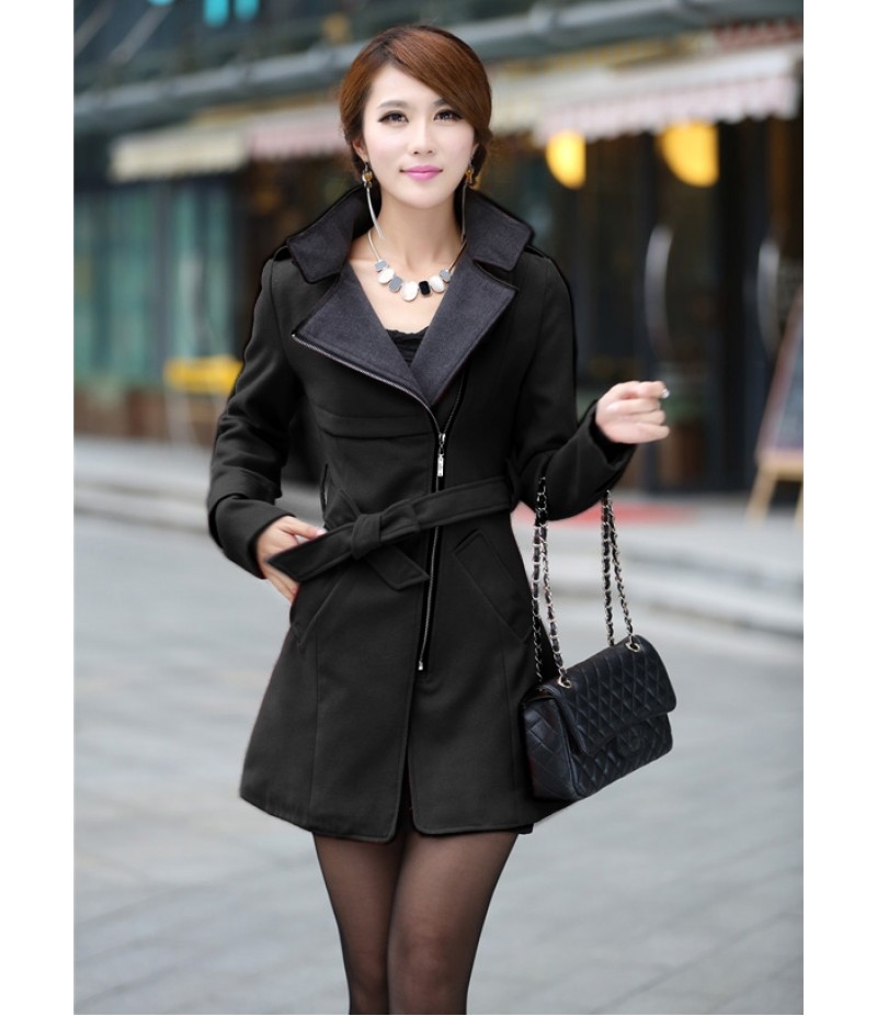 Fashion Women Casual Solid Wool Blend Long Coat Trench Outwear With Belt