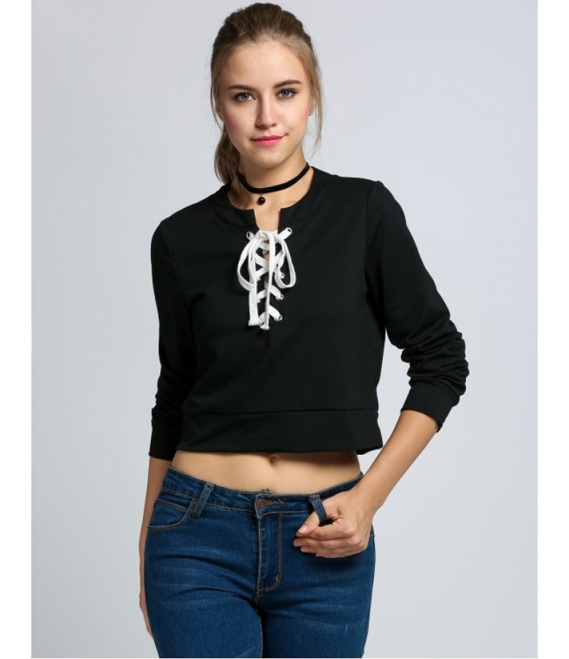 Women V Neck Long Sleeve Front Cross-weave Hoodie Cropped Sweatshirt																					100% Brand New Material: cotton 2 Color