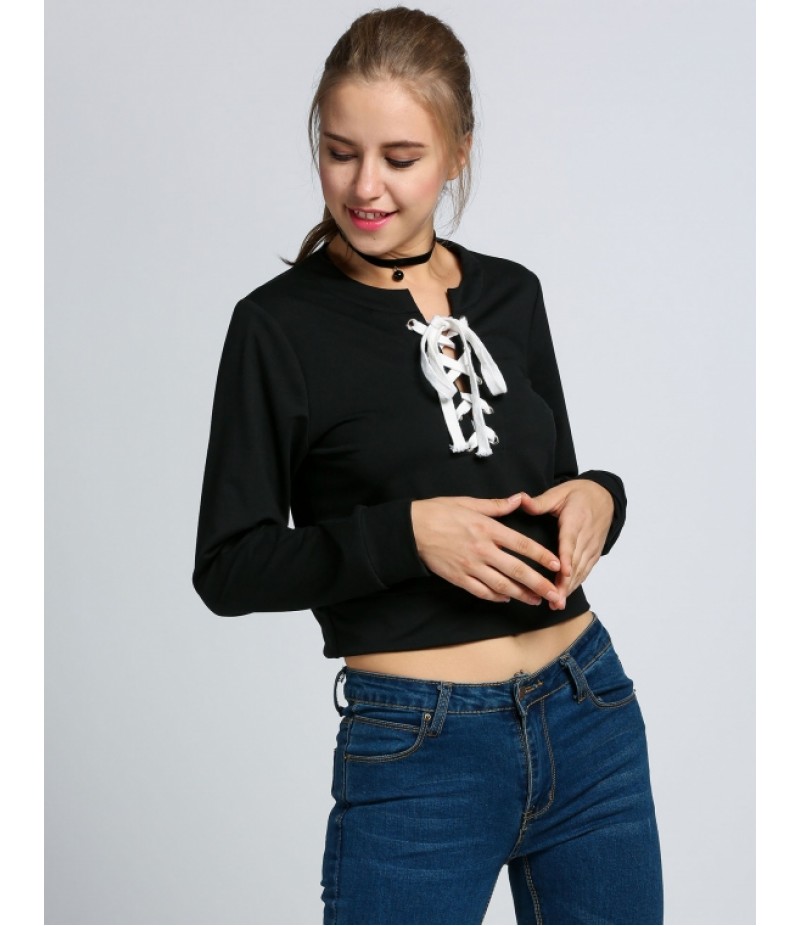 Women V Neck Long Sleeve Front Cross-weave Hoodie Cropped Sweatshirt																					100% Brand New Material: cotton 2 Color