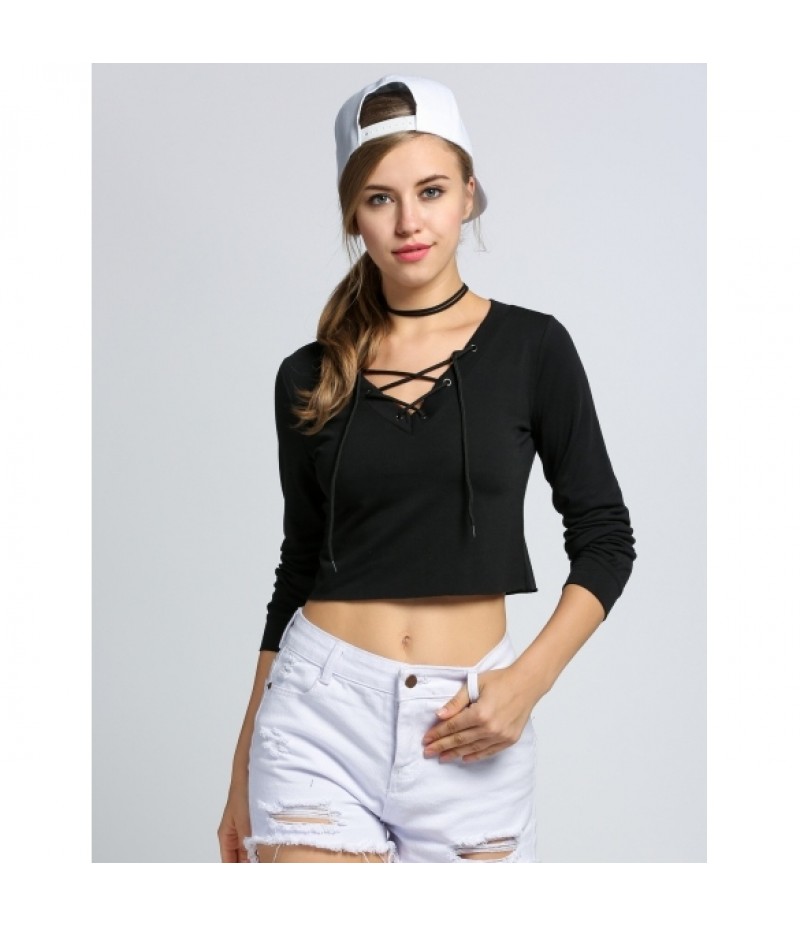 NewWomen Casual Lace-up Bandage Long Sleeve Crop Top Sweatshirt