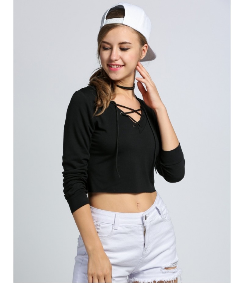 NewWomen Casual Lace-up Bandage Long Sleeve Crop Top Sweatshirt