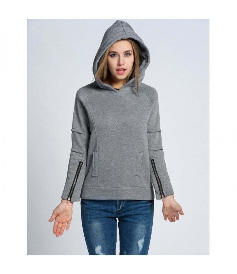 Women Casual Hooded Zip Long Sleeve Fleece Solid Pullover Hoodie Sweatshirt