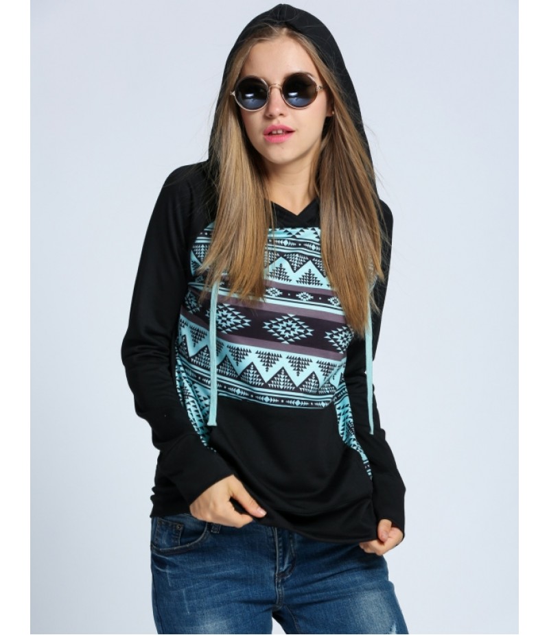 Women Casual Drawstring Hooded Raglan Sleeve Print Pullover Hoodie Sweatshirt