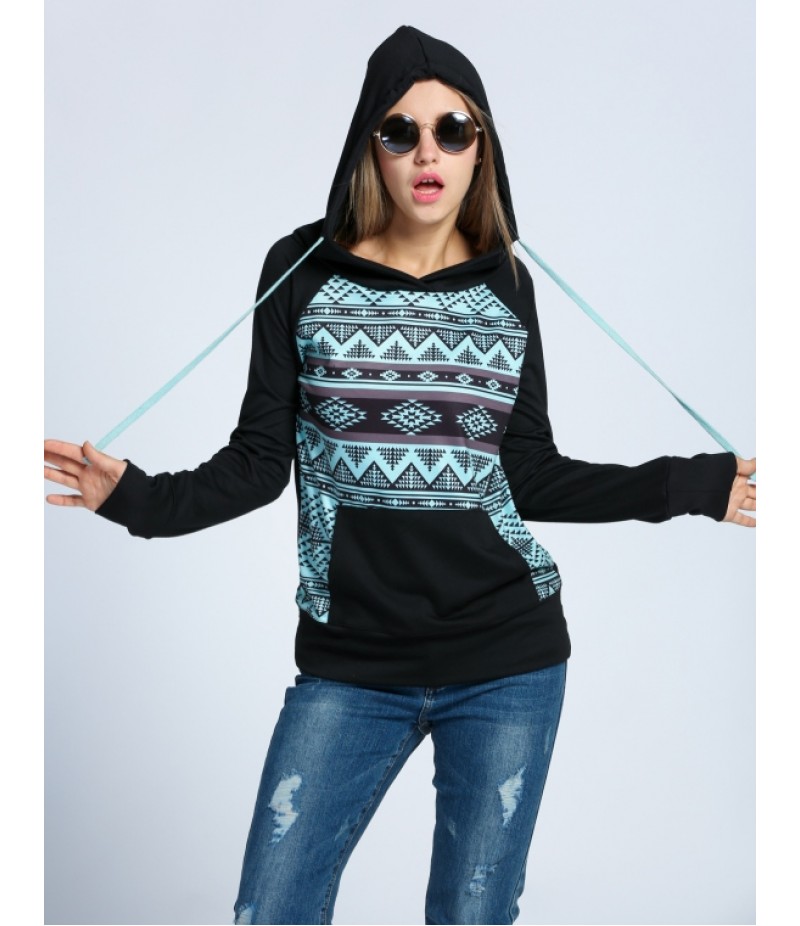 Women Casual Drawstring Hooded Raglan Sleeve Print Pullover Hoodie Sweatshirt