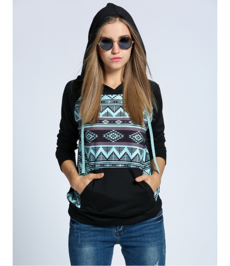 Women Casual Drawstring Hooded Raglan Sleeve Print Pullover Hoodie Sweatshirt