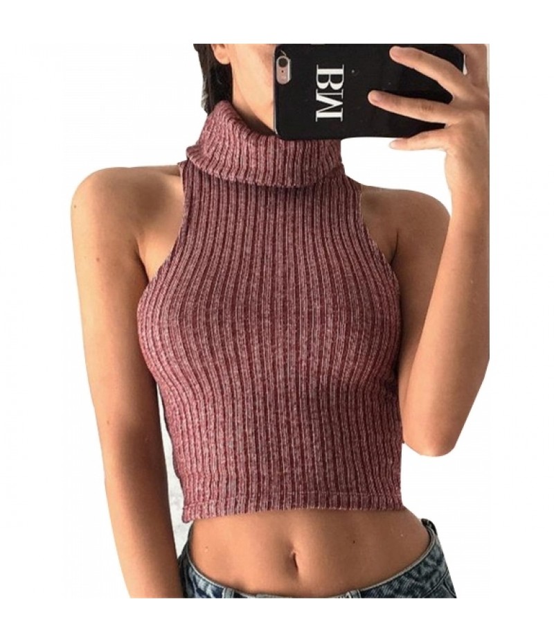 NewWomen Casual Turtle Neck Sleeveless Exposed Navel Solid Knitted Charming Tops Vest