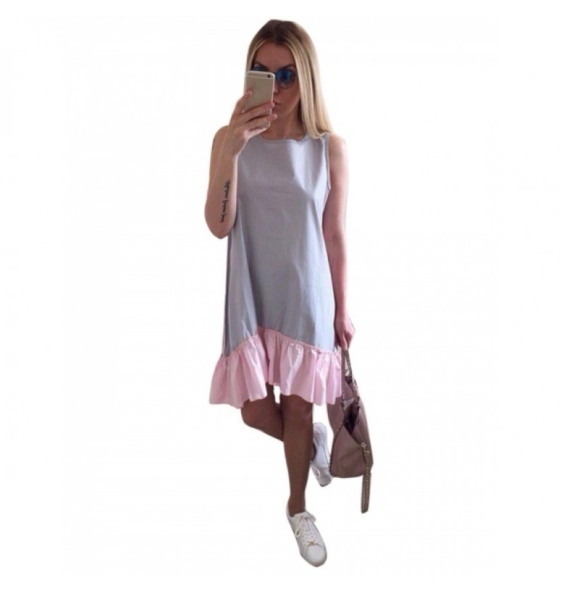 Womens Summer O-Neck Sleeveless Patchwork Ruffles Casual Loose Dress