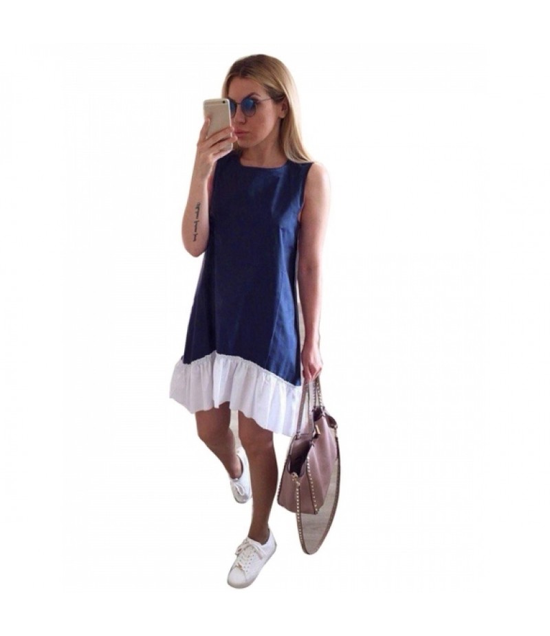 Womens Summer O-Neck Sleeveless Patchwork Ruffles Casual Loose Dress