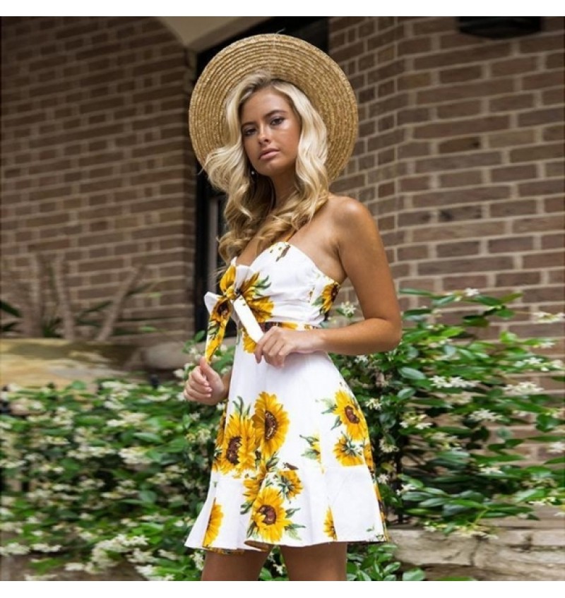 Women Charming Spaghetti Strap Sunflower Pattern Ruffled Hem Dress