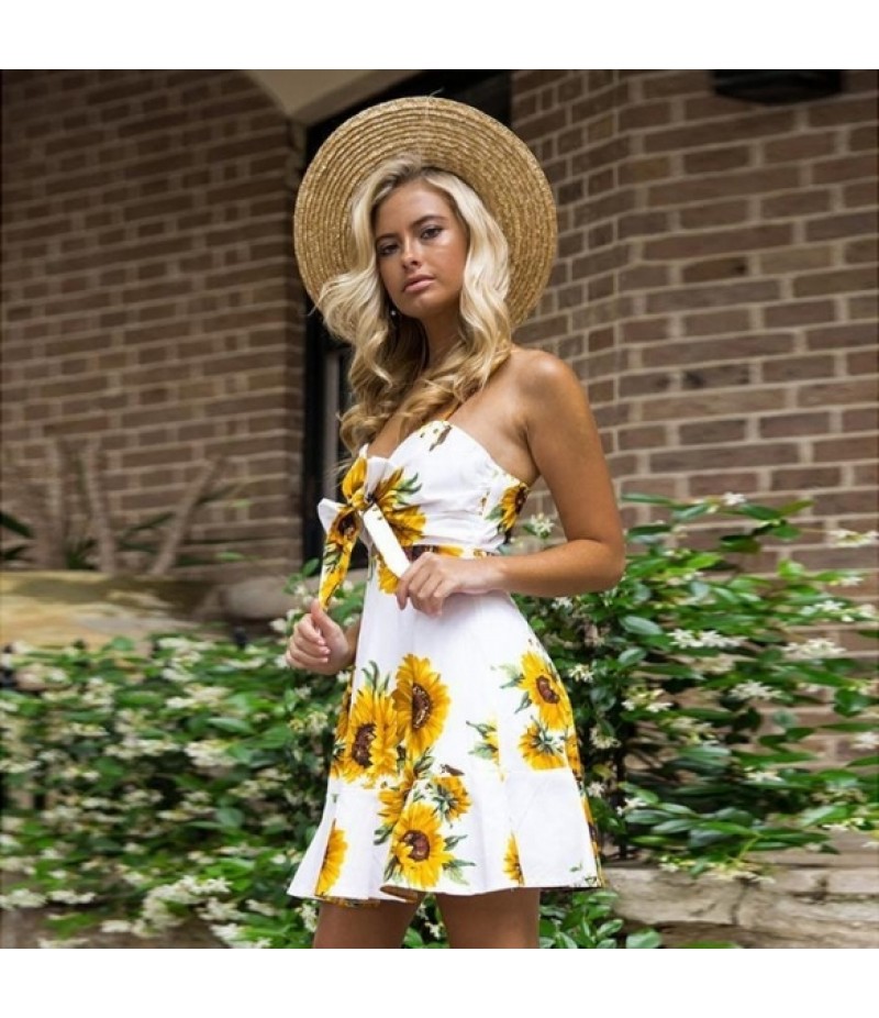 Women Charming Spaghetti Strap Sunflower Pattern Ruffled Hem Dress