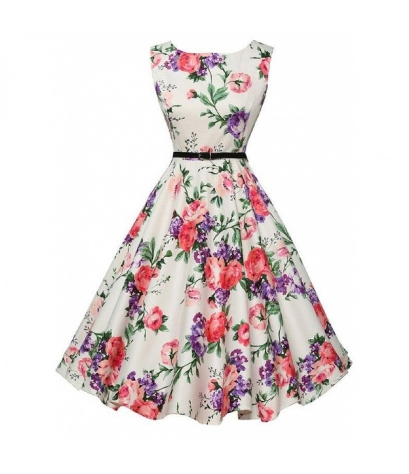 O-Neck Sleeveless Floral Swing Party Dress with Belt