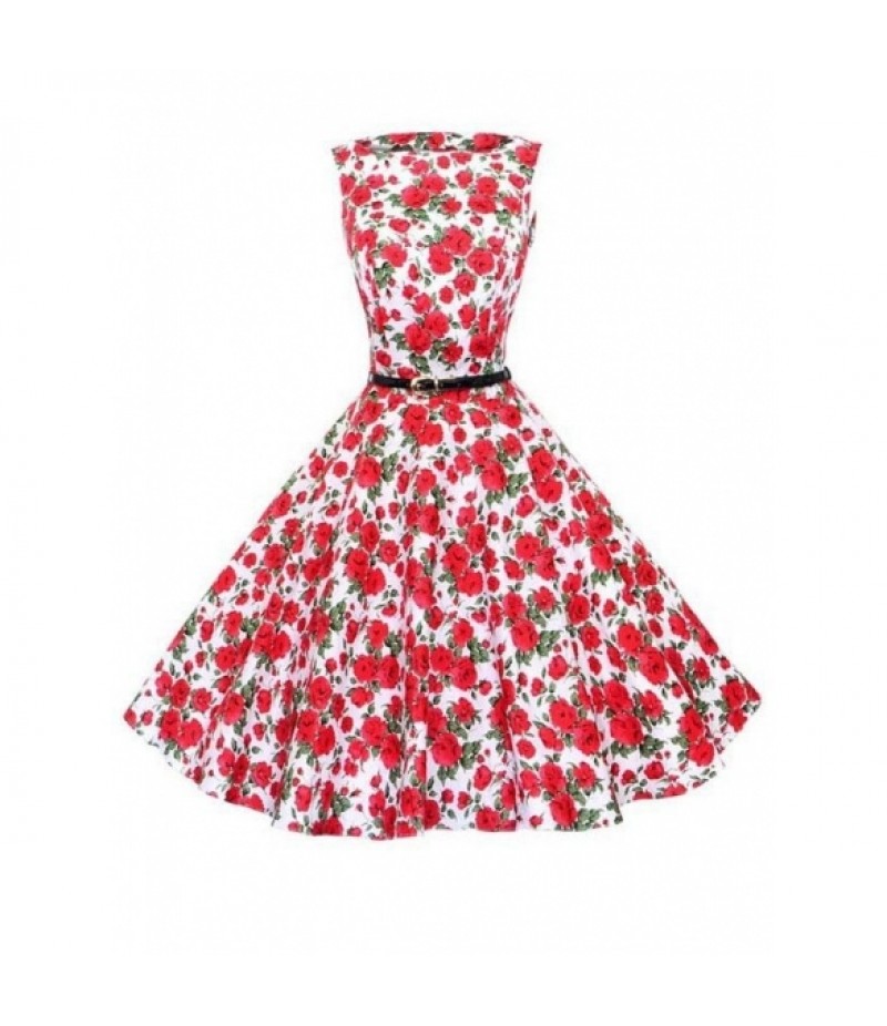 O-Neck Sleeveless Floral Swing Party Dress with Belt