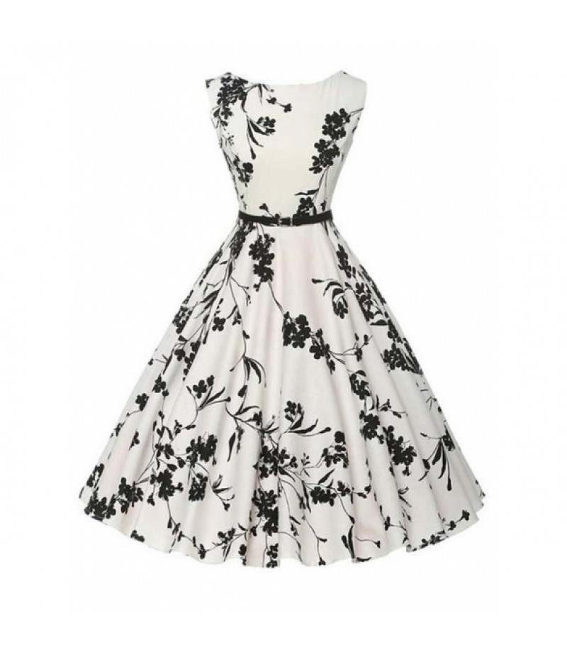 O-Neck Sleeveless Floral Swing Party Dress with Belt