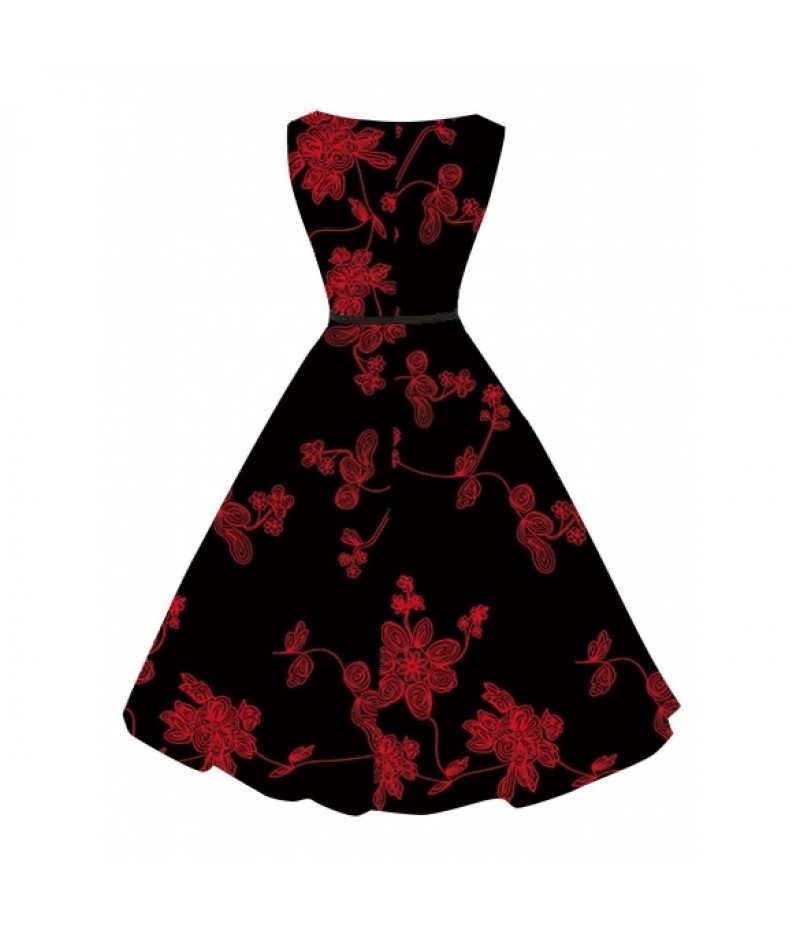 1950s Vintage O-Neck Sleeveles Floral Swing Party Dress with Belt