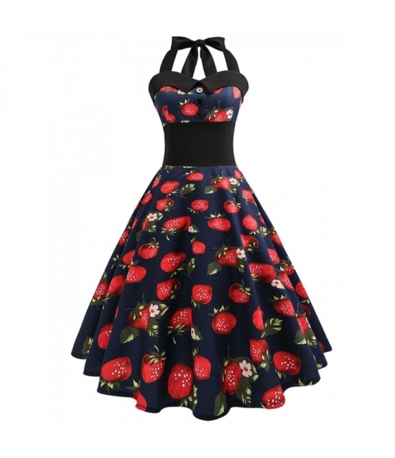 1950s Vintage Halter Sleeveless Floral Swing Party Dress