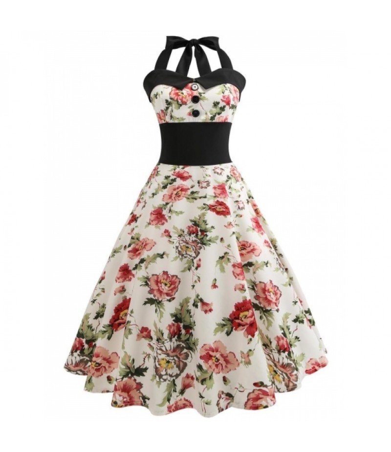 1950s Vintage Halter Sleeveless Floral Swing Party Dress