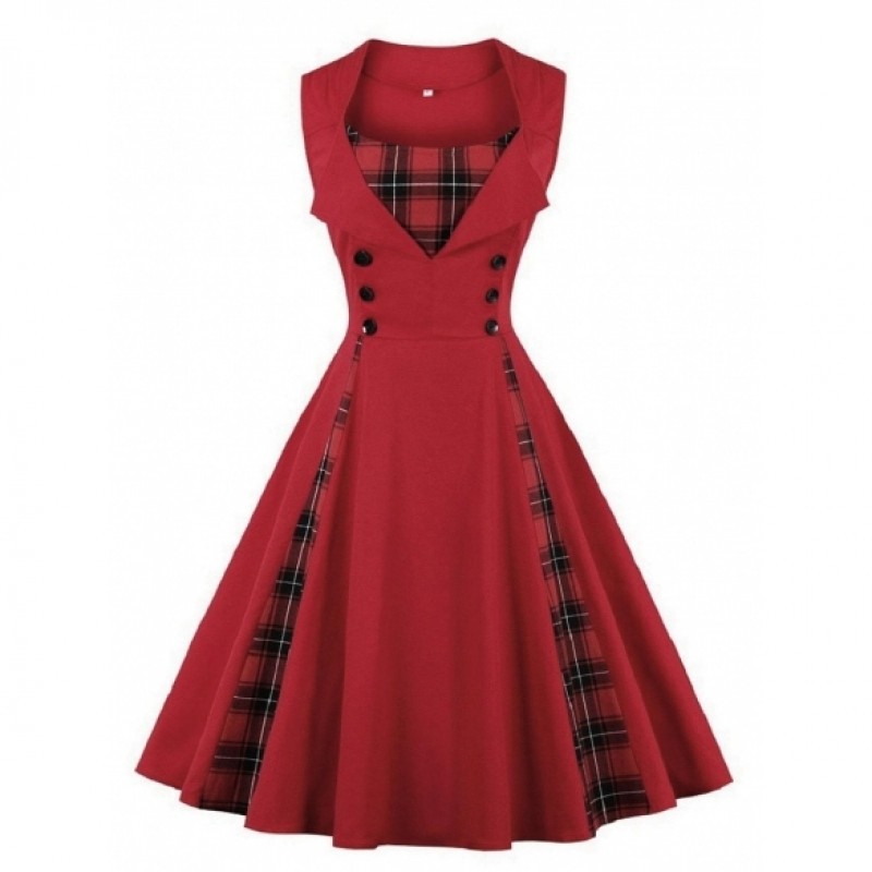 Sleeveless Plaid Patchwork Swing Party Dress