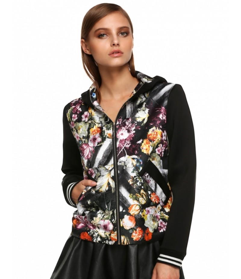 StylishFloral Patchwork Hooded Spring Autumn Jacket