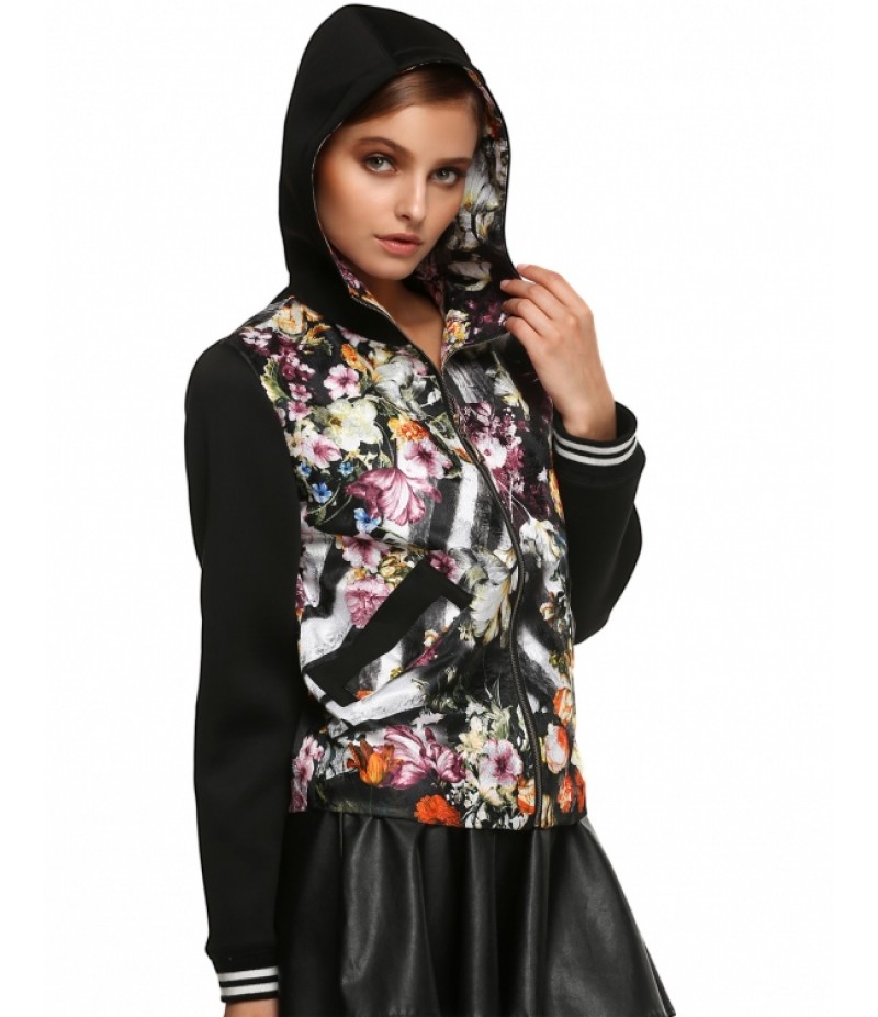 StylishFloral Patchwork Hooded Spring Autumn Jacket