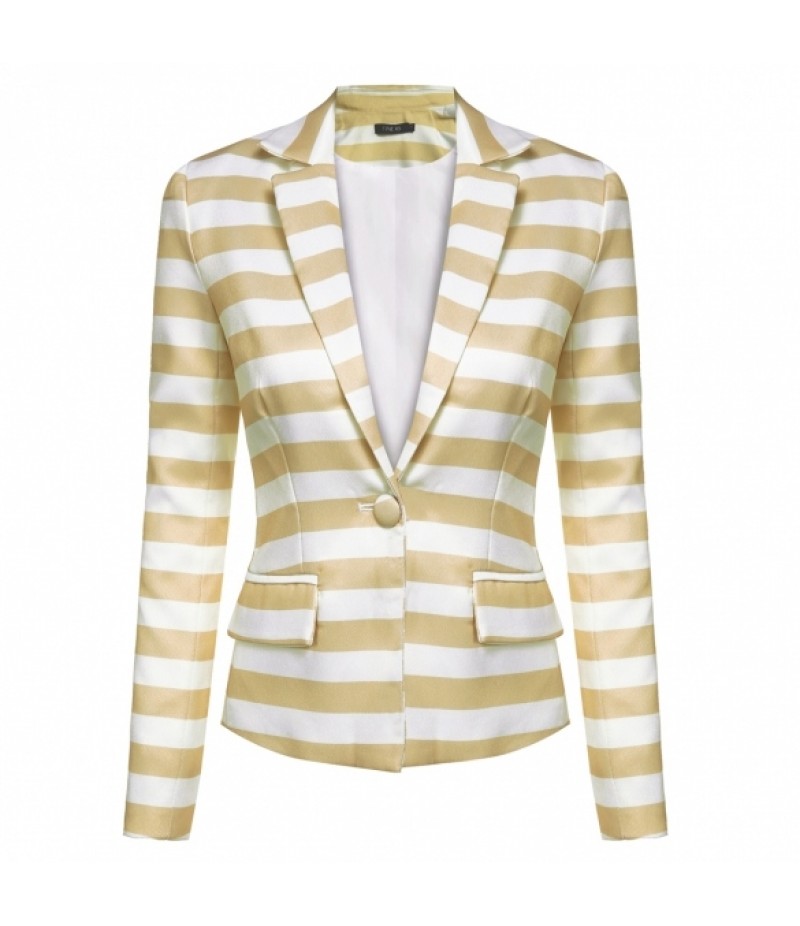 Women Lapel Neck Long Sleeve Striped Waist Seam Basic Jacket Blazer Coat