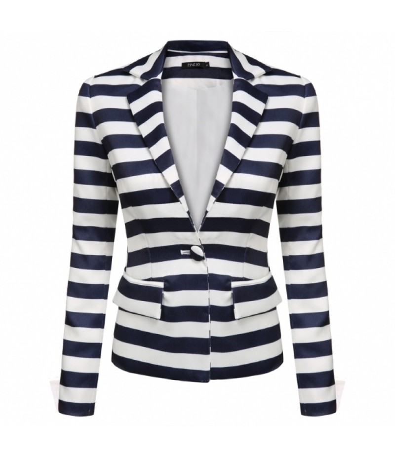 Women Lapel Neck Long Sleeve Striped Waist Seam Basic Jacket Blazer Coat