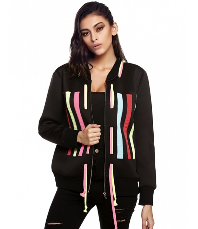 Stylish Ladies Cool Colorful Vertical Stripe Hoodie String Long Sleeve Zipper Coat Jacket Top