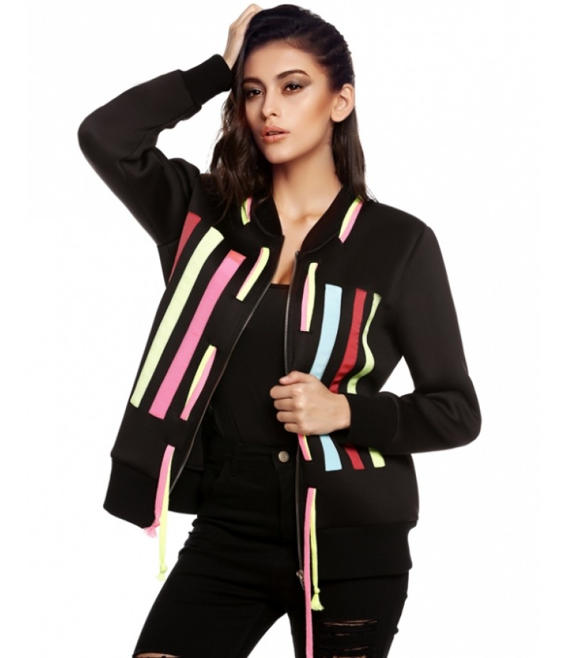 Stylish Ladies Cool Colorful Vertical Stripe Hoodie String Long Sleeve Zipper Coat Jacket Top