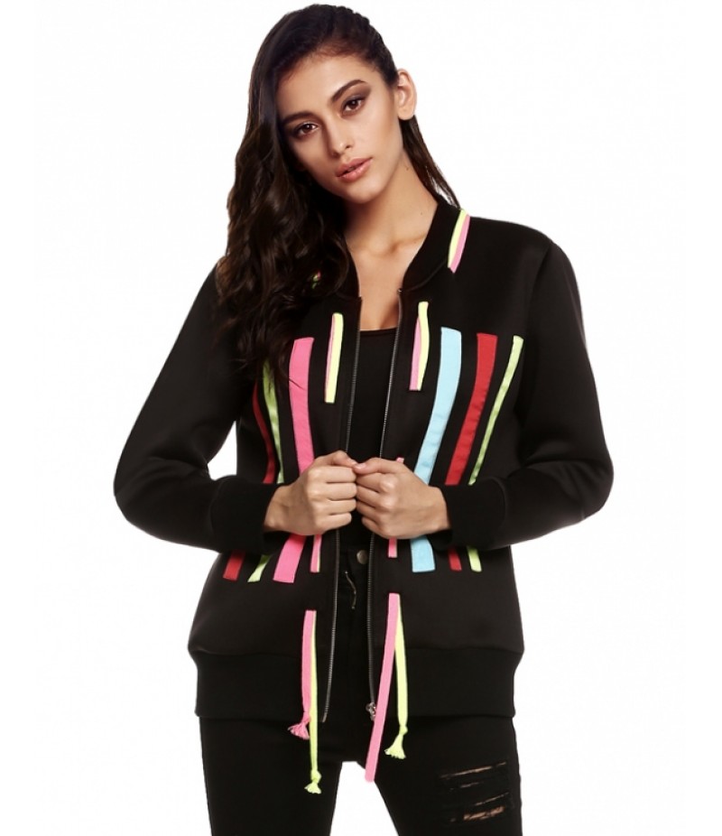 Stylish Ladies Cool Colorful Vertical Stripe Hoodie String Long Sleeve Zipper Coat Jacket Top