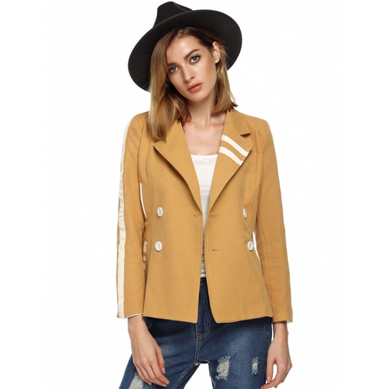 Stylish Women Casual Blazer Lapel Double Breasted Long Sleeve Patchwork Slim Coat Outwear