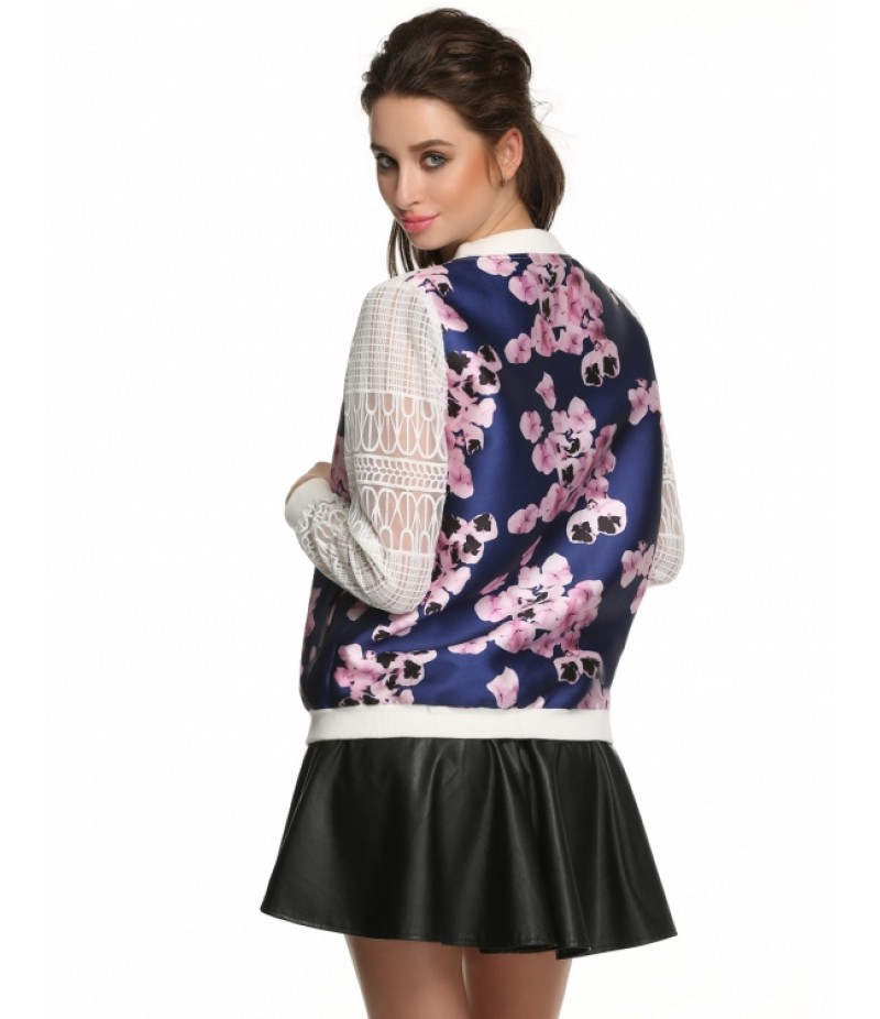 Women Lace Organza Sleeve Patchwork Floral Jacket Tops