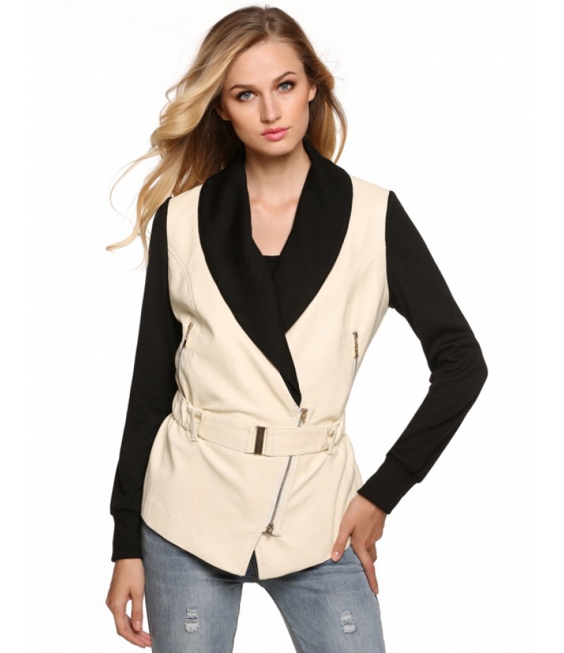 WomenShawl Collar Zip-up Slim Fit Patchwork PU Leather Jacket with Belt