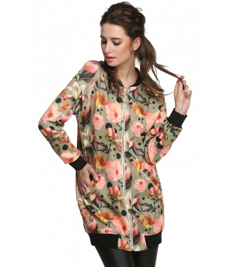 CoolWomen Floral Spring Autumn Long Jacket