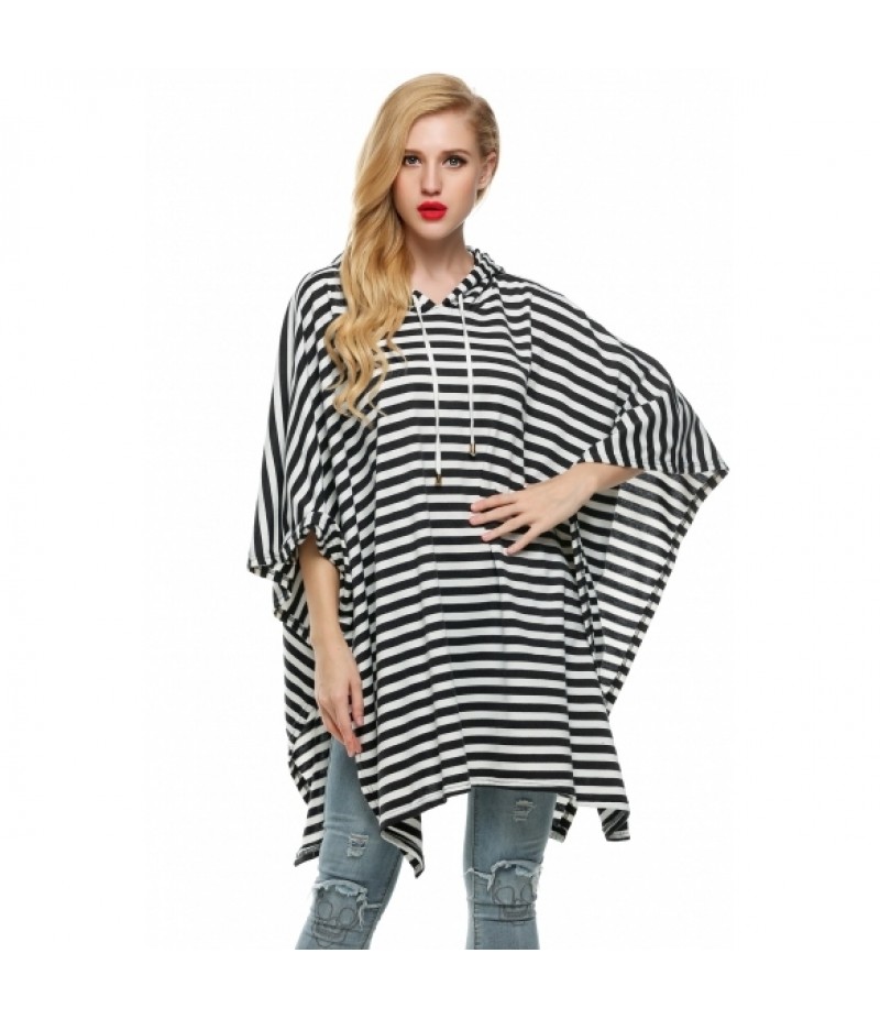 Women Hooded Stripe Pullover Batwing Sleeve Long Sweatshirt Hoodies