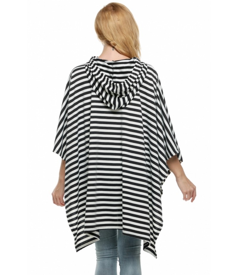 Women Hooded Stripe Pullover Batwing Sleeve Long Sweatshirt Hoodies