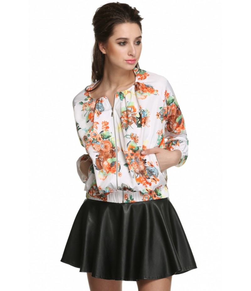 Women Casual O-Neck Long Sleeve Floral Thin Loose Jacket Coat