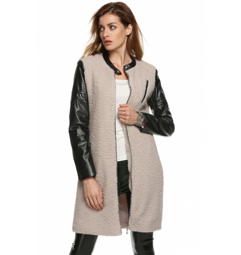 CoolLeather Patchwork Full Zipper Autumn Winter Lamb Wool Long Coat