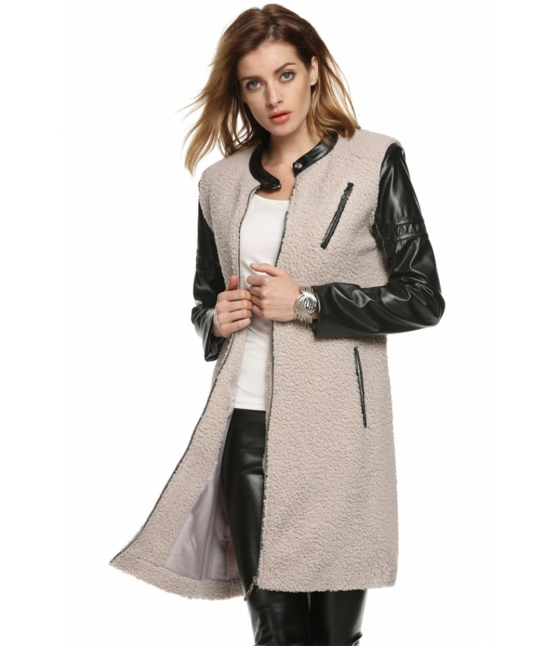 CoolLeather Patchwork Full Zipper Autumn Winter Lamb Wool Long Coat