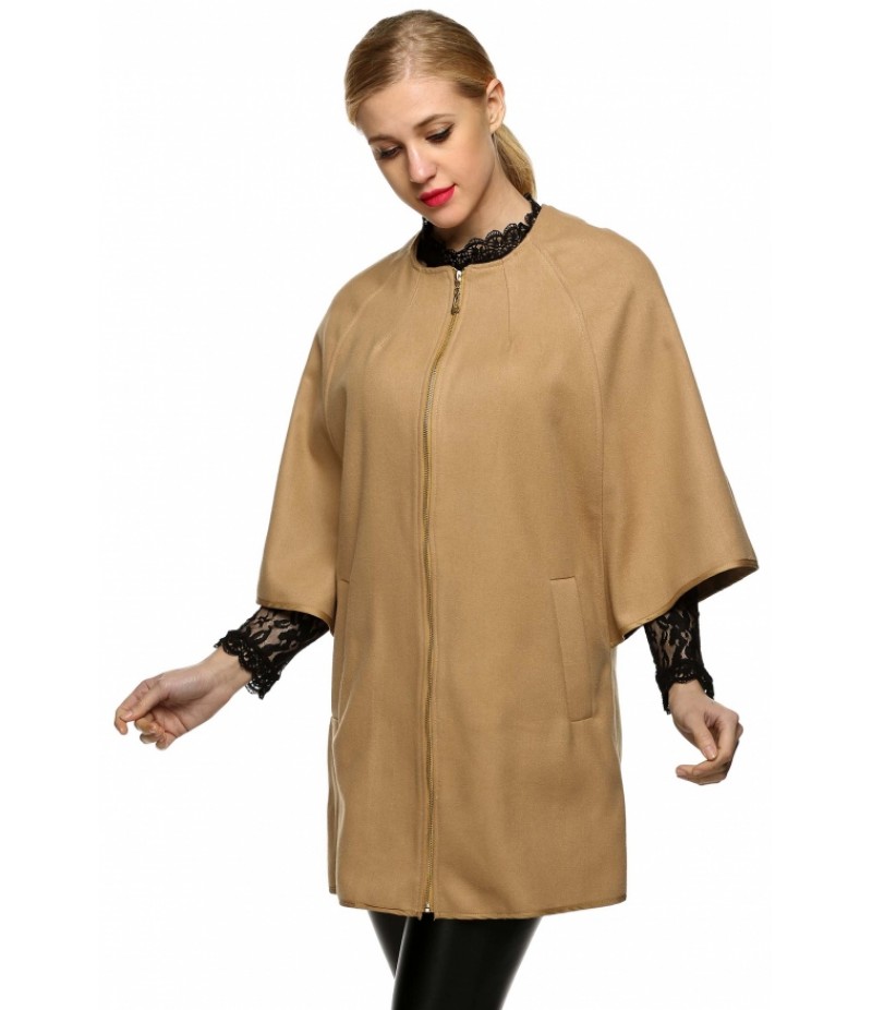 WomenWool Blend Round Neck 3/4 Batwing Sleeve Solid Zip Up Long Coat